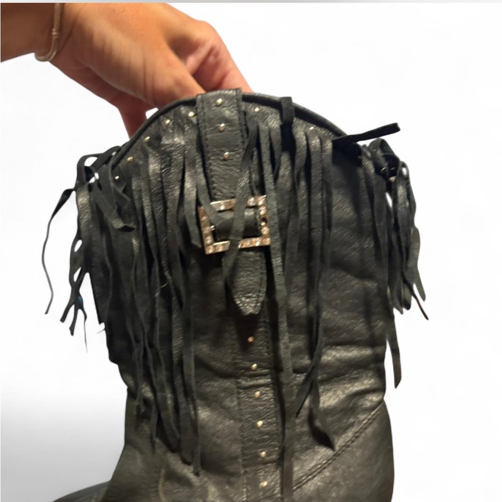 dingo Black Fringe Western Heeled Boots with Studs - Picture 6 of 8